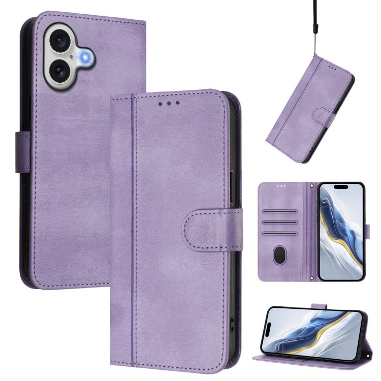For iPhone 17 Line Splicing Buckle Retro Leather Phone Case(Purple)