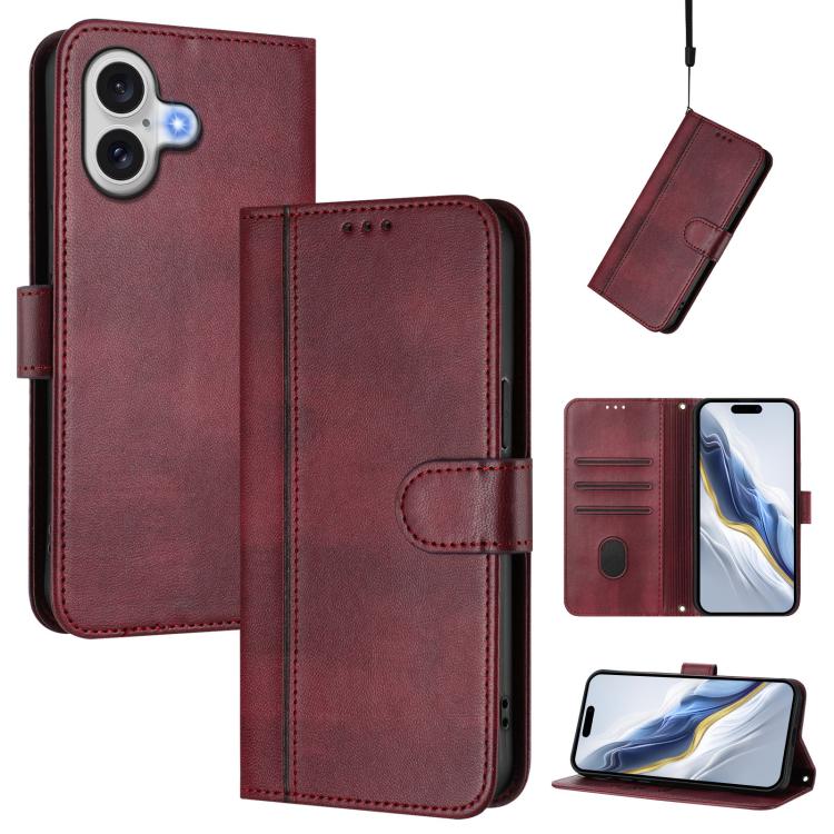 For iPhone 17 Line Splicing Buckle Retro Leather Phone Case(Wine Red)