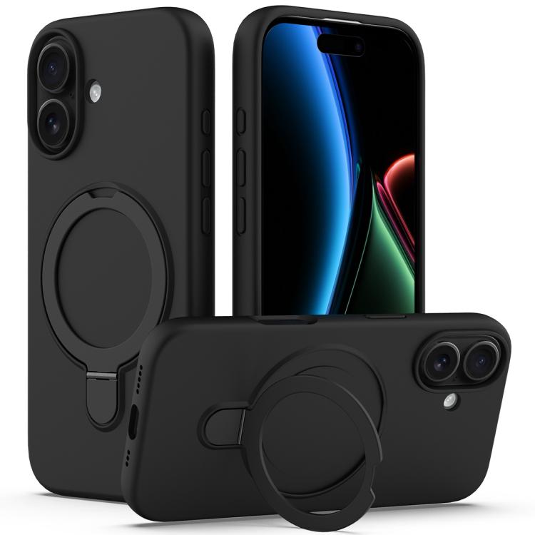 For iPhone 17 Liquid Silicone MagSafe Magnetic Phone Case with Ring Holder(Black)