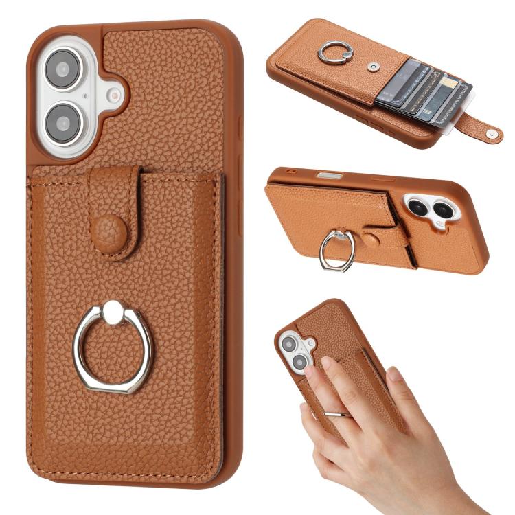 For iPhone 17 Litchi Texture Drawing Card Bag Ring Holder Phone Case(Brown)