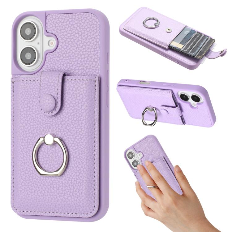 For iPhone 17 Litchi Texture Drawing Card Bag Ring Holder Phone Case(Purple)