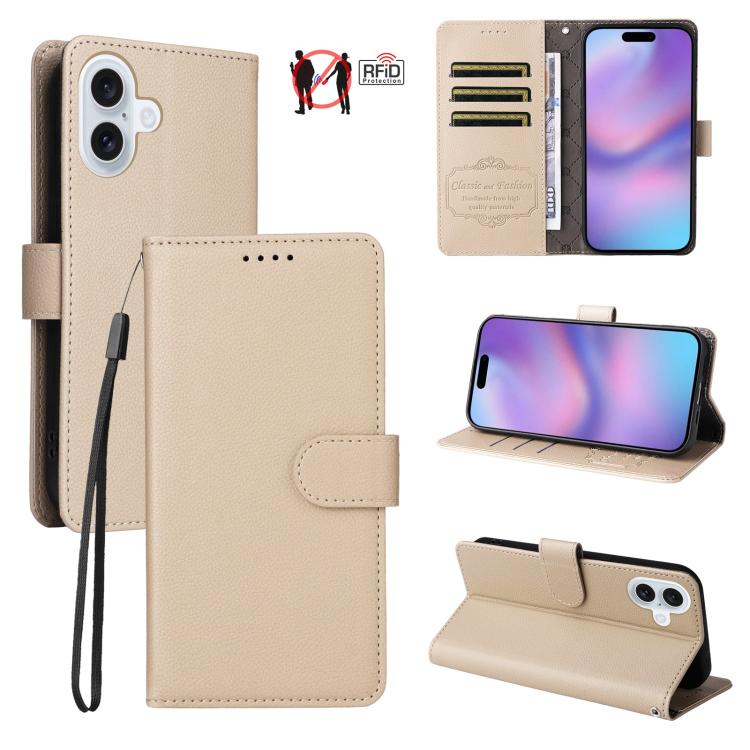 For iPhone 17 Litchi Texture RFID Blocking 3-Card Wallet Leather Phone Case(Beige)