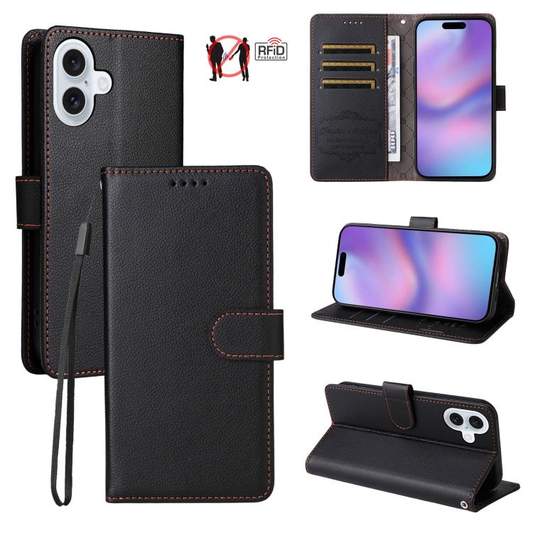 For iPhone 17 Litchi Texture RFID Blocking 3-Card Wallet Leather Phone Case(Black)