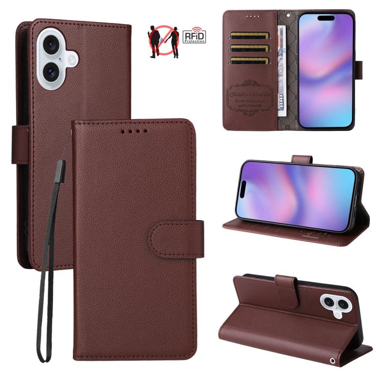 For iPhone 17 Litchi Texture RFID Blocking 3-Card Wallet Leather Phone Case(Brown)