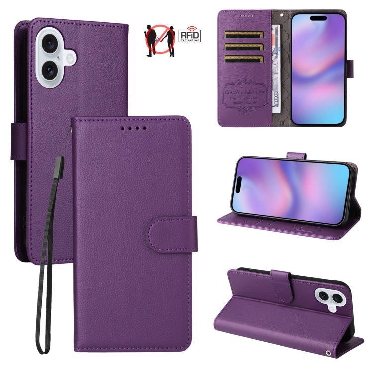 For iPhone 17 Litchi Texture RFID Blocking 3-Card Wallet Leather Phone Case(Purple)