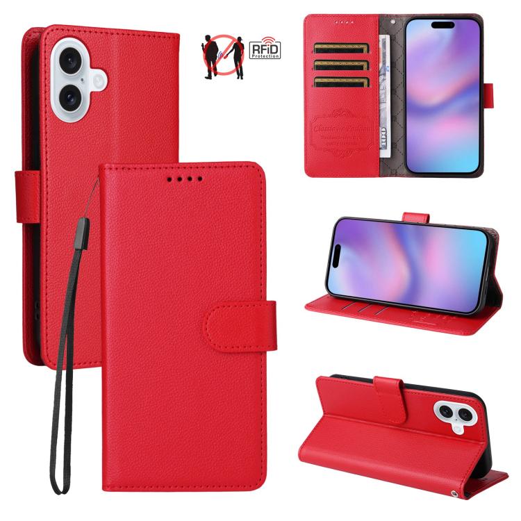 For iPhone 17 Litchi Texture RFID Blocking 3-Card Wallet Leather Phone Case(Red)