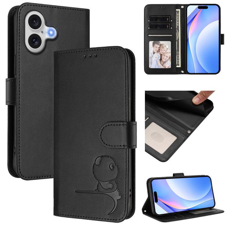 For iPhone 17 Litter Panda Embossing RFID Leather Phone Case with Lanyard(Black)