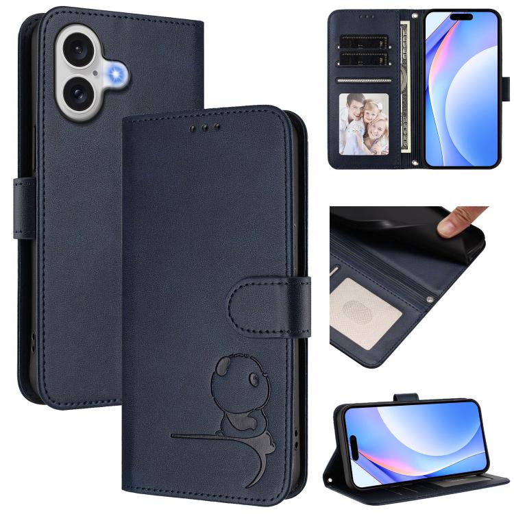 For iPhone 17 Litter Panda Embossing RFID Leather Phone Case with Lanyard(Blue)