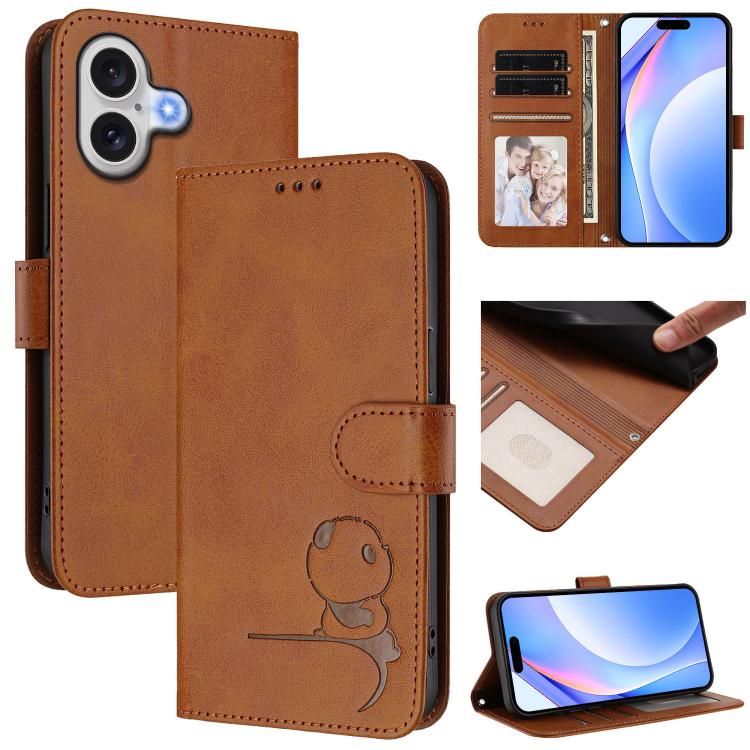For iPhone 17 Litter Panda Embossing RFID Leather Phone Case with Lanyard(Brown)