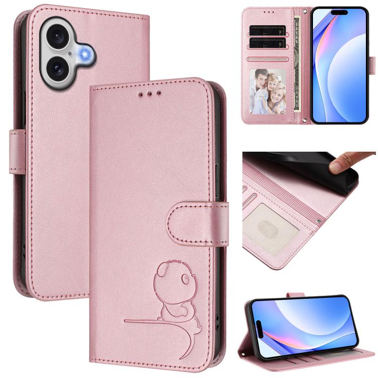 For iPhone 17 Litter Panda Embossing RFID Leather Phone Case with Lanyard(Pink)