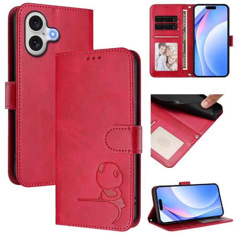 For iPhone 17 Litter Panda Embossing RFID Leather Phone Case with Lanyard(Rose Red)