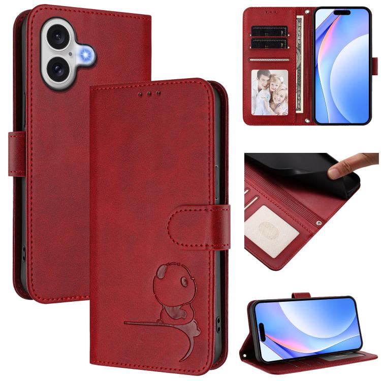 For iPhone 17 Litter Panda Embossing RFID Leather Phone Case with Lanyard(Wine Red)