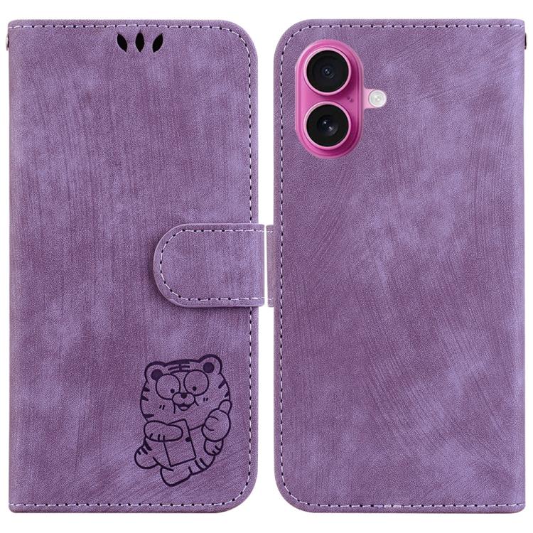 For iPhone 17 Little Tiger Embossed Leather Phone Case(Purple)