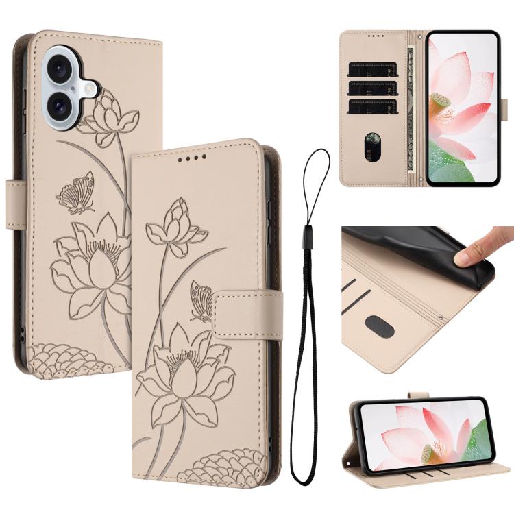 For iPhone 17 Lotus Embossed Leather Phone Case with Lanyard(Beige)