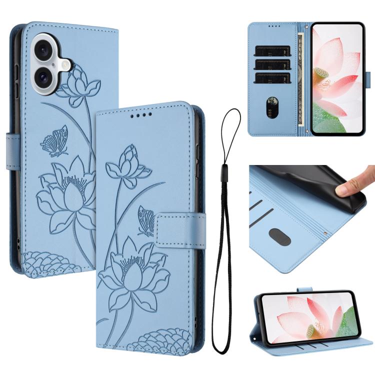 For iPhone 17 Lotus Embossed Leather Phone Case with Lanyard(Blue)