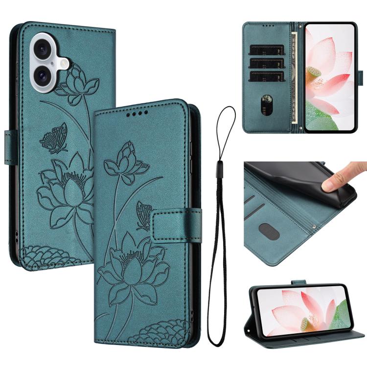 For iPhone 17 Lotus Embossed Leather Phone Case with Lanyard(Dark Green)