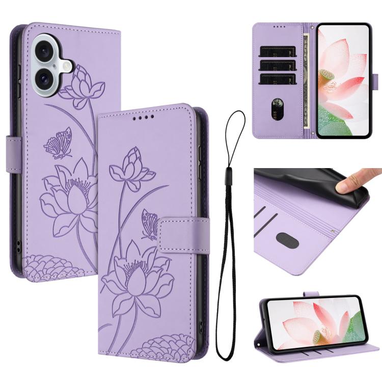 For iPhone 17 Lotus Embossed Leather Phone Case with Lanyard(Purple)