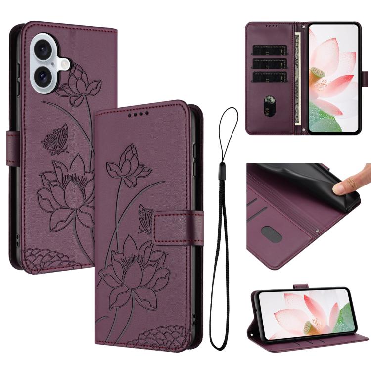 For iPhone 17 Lotus Embossed Leather Phone Case with Lanyard(Wine Red)