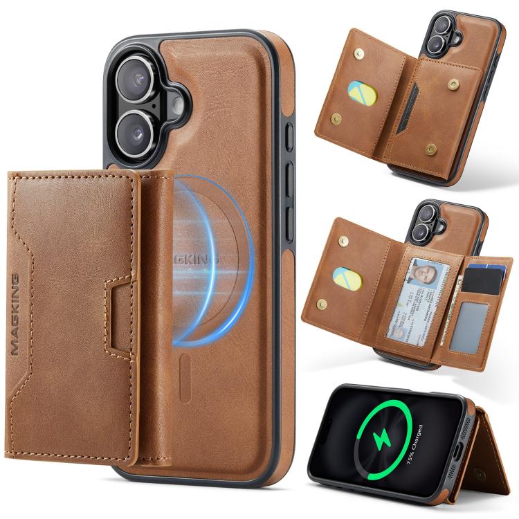 For iPhone 17 MAGKING K4 Series MagSafe RFID Tri-fold Card Bag Detachable Phone Case(Brown)