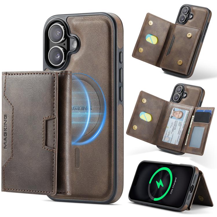 For iPhone 17 MAGKING K4 Series MagSafe RFID Tri-fold Card Bag Detachable Phone Case(Coffee)