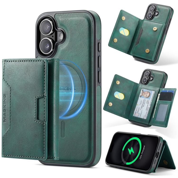 For iPhone 17 MAGKING K4 Series MagSafe RFID Tri-fold Card Bag Detachable Phone Case(Green)