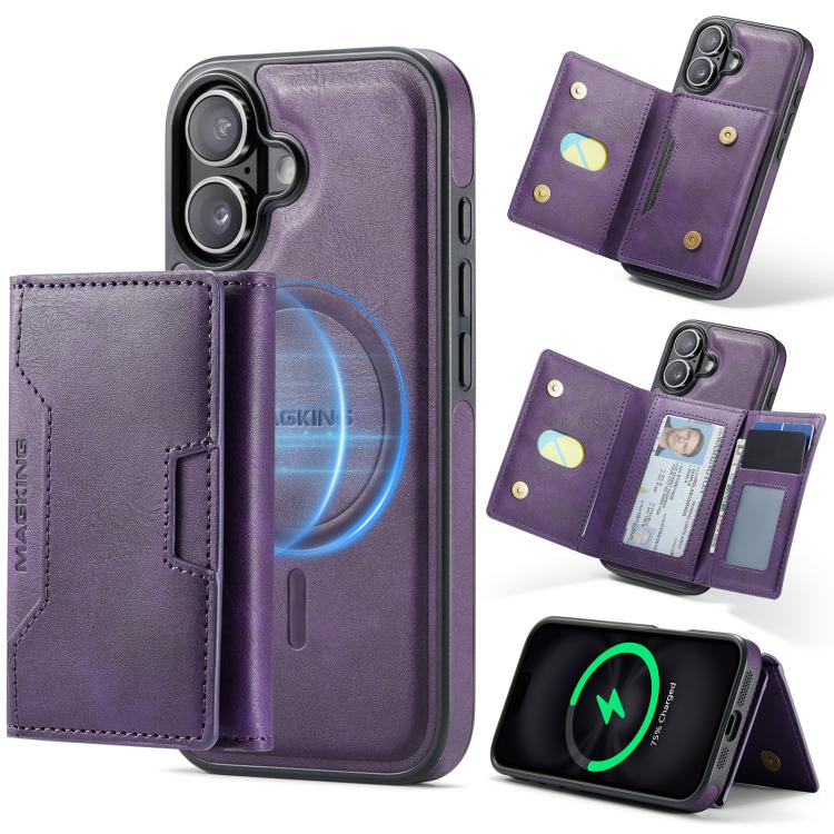 For iPhone 17 MAGKING K4 Series MagSafe RFID Tri-fold Card Bag Detachable Phone Case(Purple)