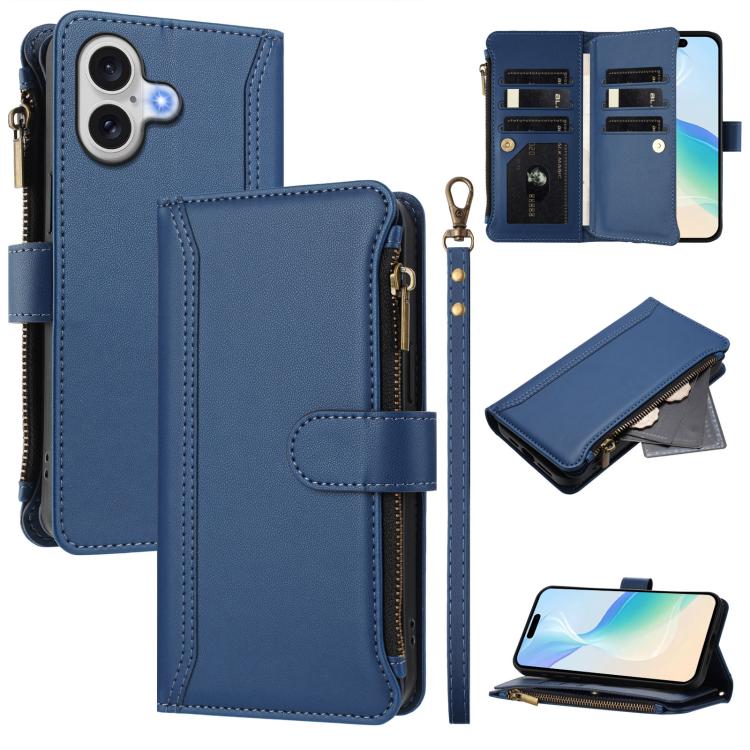 For iPhone 17 Magnetic Closure 9 Card Slots Zipper Leather Case with Hand Strap(Dark Blue)