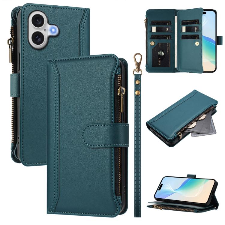 For iPhone 17 Magnetic Closure 9 Card Slots Zipper Leather Case with Hand Strap(Dark Green)