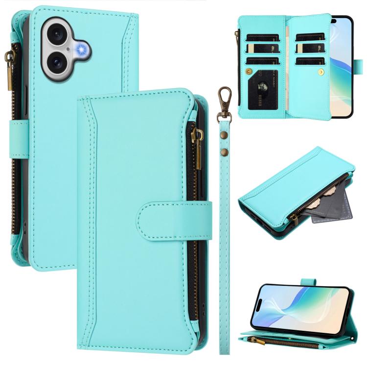 For iPhone 17 Magnetic Closure 9 Card Slots Zipper Leather Case with Hand Strap(Mint Green)