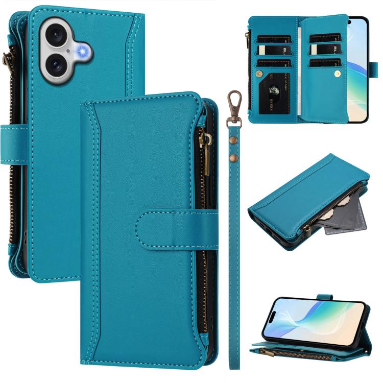 For iPhone 17 Magnetic Closure 9 Card Slots Zipper Leather Case with Hand Strap(Turquoise)