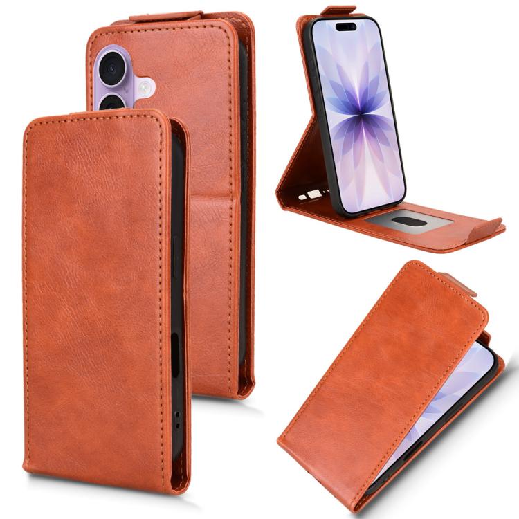 For iPhone 17 Magnetic Vertical Flip Leather Phone Case with Buckle(Brown)