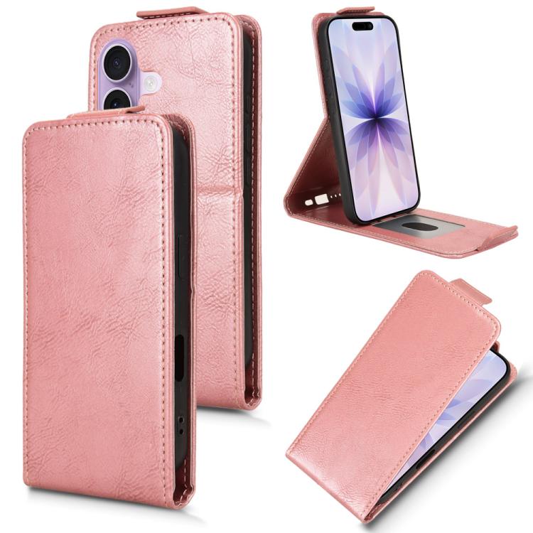 For iPhone 17 Magnetic Vertical Flip Leather Phone Case with Buckle(Rose Gold)