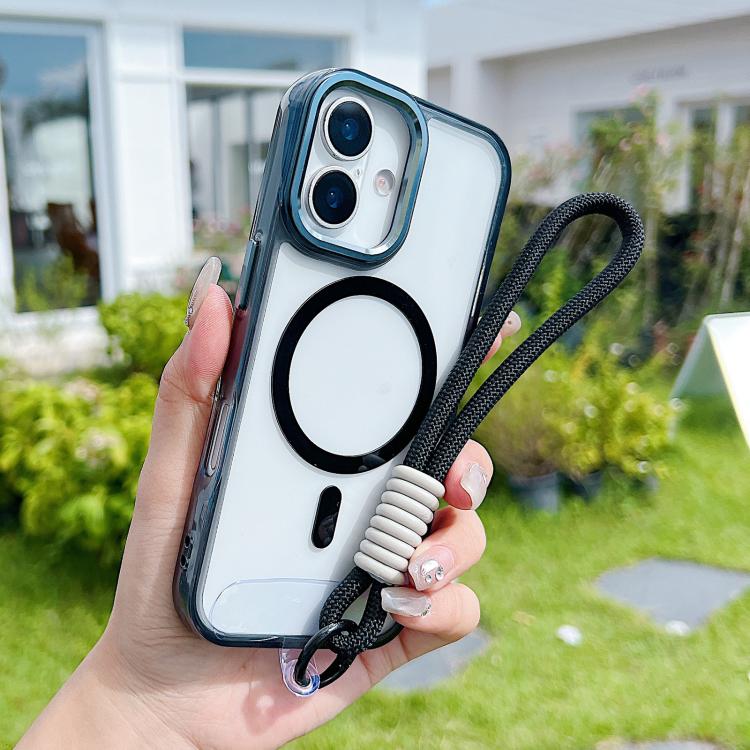 For iPhone 17 MagSafe Magnetic Clear Phone Case with Wrist Strap(Black)