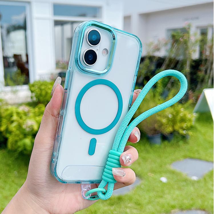For iPhone 17 MagSafe Magnetic Clear Phone Case with Wrist Strap(Blue)