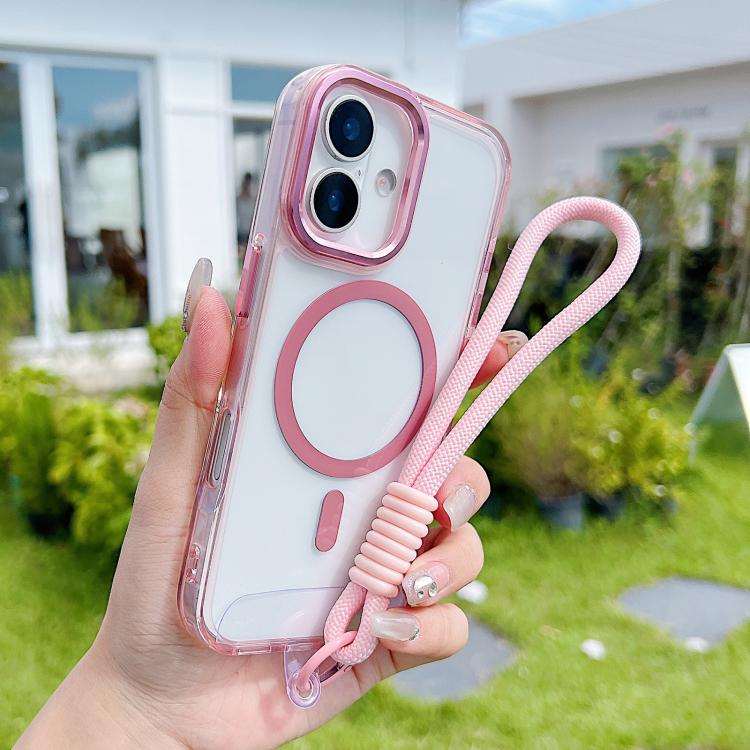 For iPhone 17 MagSafe Magnetic Clear Phone Case with Wrist Strap(Pink)
