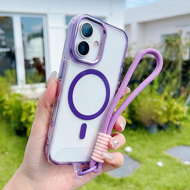 For iPhone 17 MagSafe Magnetic Clear Phone Case with Wrist Strap(Purple)