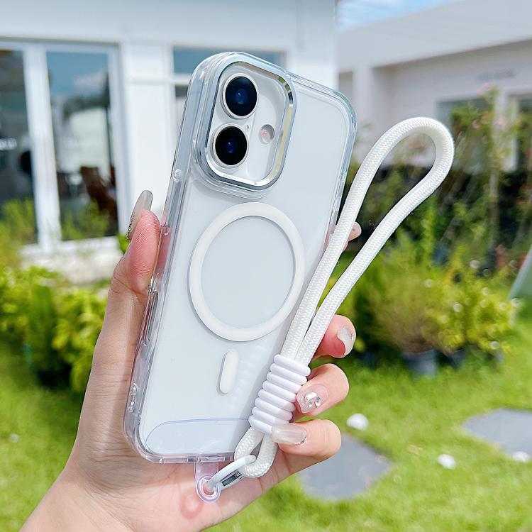 For iPhone 17 MagSafe Magnetic Clear Phone Case with Wrist Strap(White)