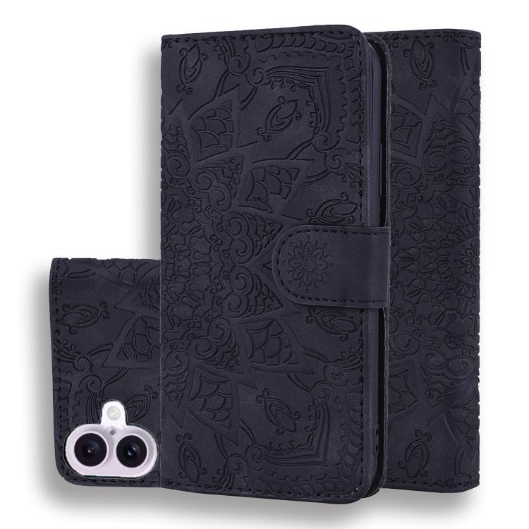 For iPhone 17 Mandala Embossed Dual-Fold Calf Leather Phone Case(Black)
