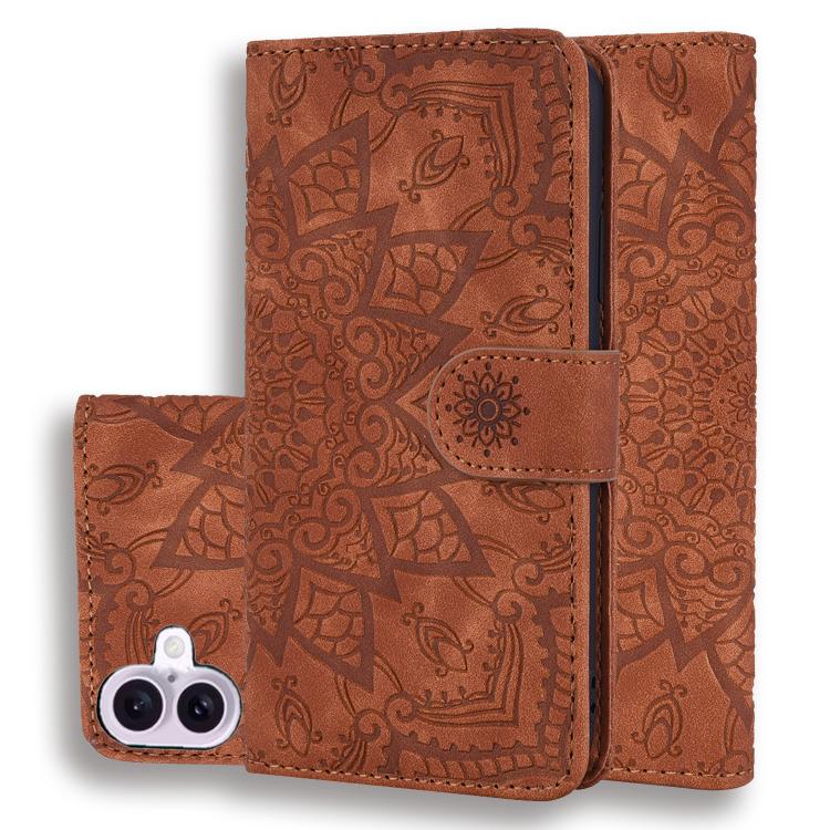 For iPhone 17 Mandala Embossed Dual-Fold Calf Leather Phone Case(Brown)