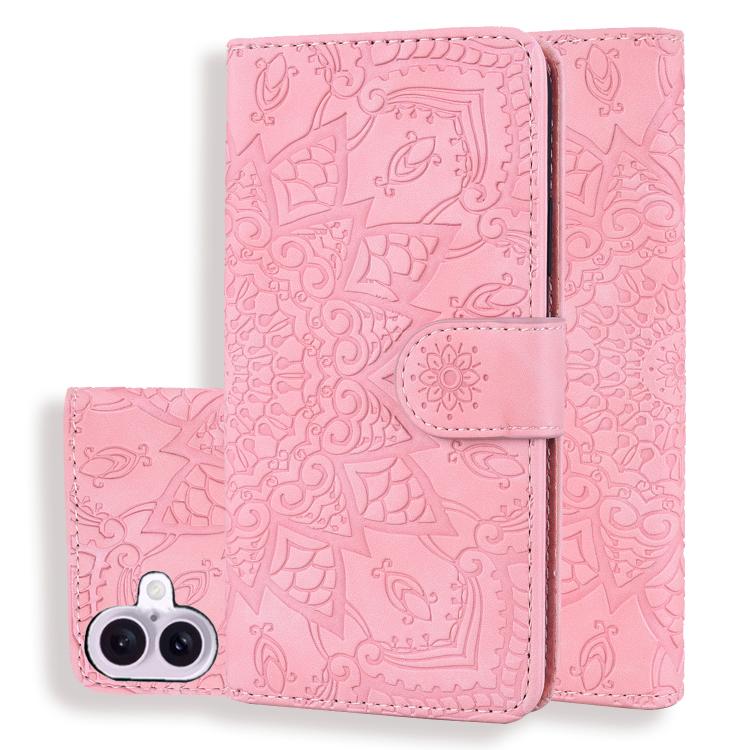 For iPhone 17 Mandala Embossed Dual-Fold Calf Leather Phone Case(Pink)