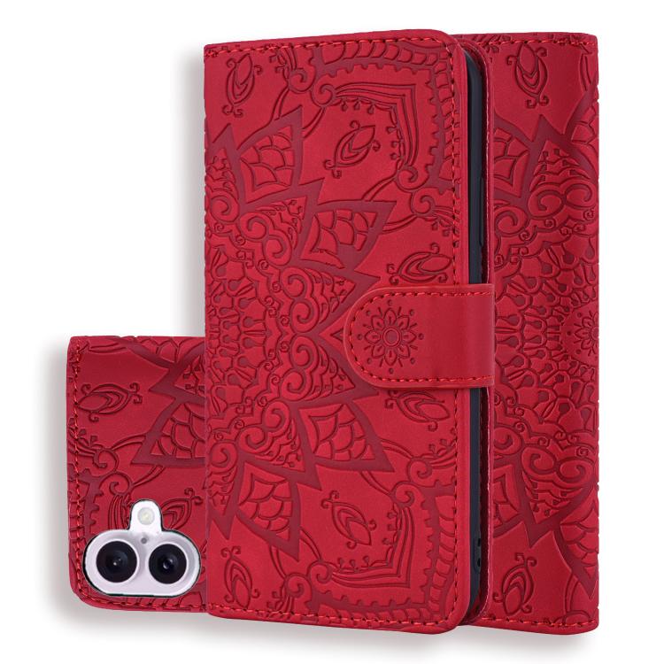 For iPhone 17 Mandala Embossed Dual-Fold Calf Leather Phone Case(Red)