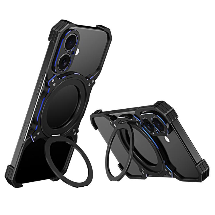For iPhone 17 Mechanical Arm Borderless MagSafe Holder Metal Phone Case(Black Blue)