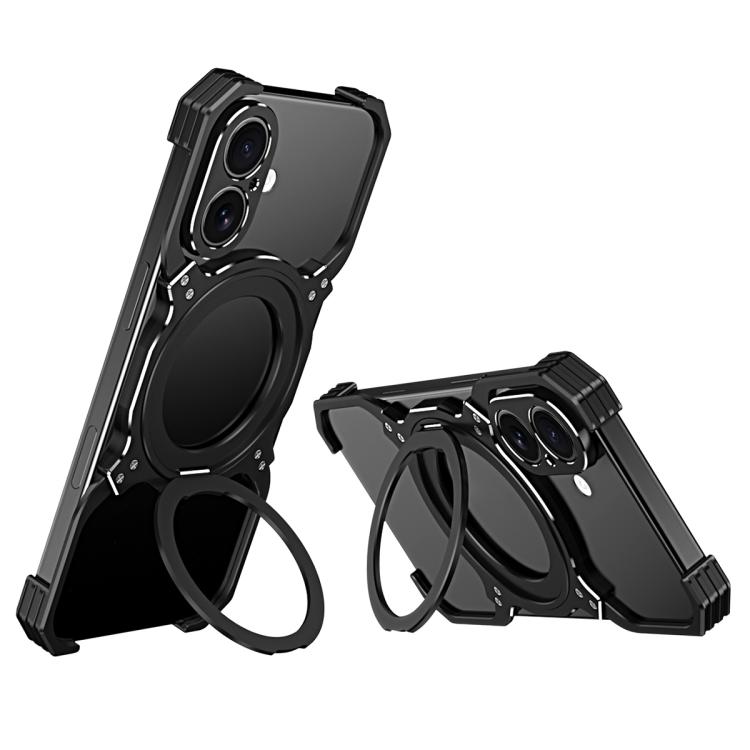 For iPhone 17 Mechanical Arm Borderless MagSafe Holder Metal Phone Case(Black Silver)
