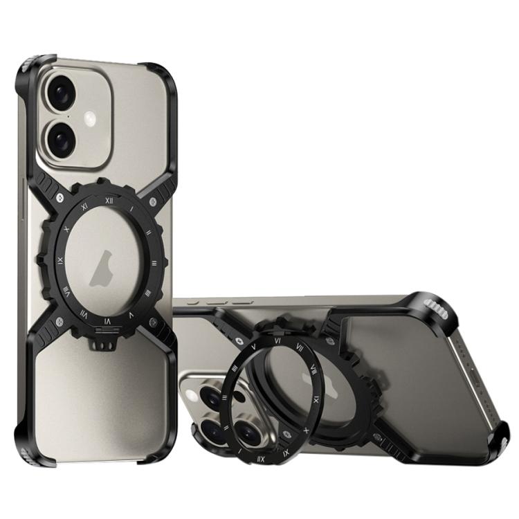 For iPhone 17 Mechanical Gear MagSafe Holder Borderless Metal Phone Case(Black)