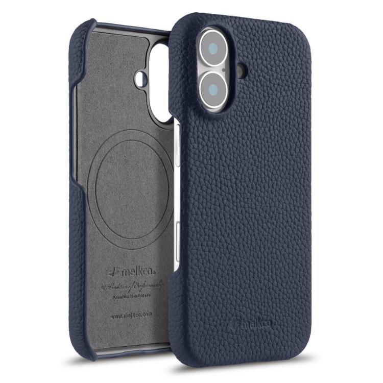 For iPhone 17 melkco Litchi Texture Magnetic Half Coverage Genuine Leather Phone Case(Dark Blue)