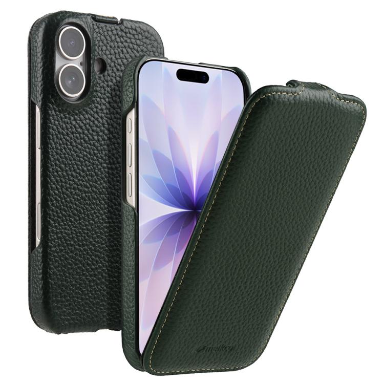 For iPhone 17 melkco Litchi Texture Vertical Flip Magnetic Genuine Leather Phone Case(Dark Green)