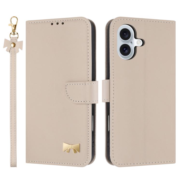 For iPhone 17 Metal Bow Leather Phone Case with Hand Strap(Apricot)