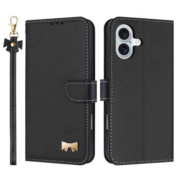 For iPhone 17 Metal Bow Leather Phone Case with Hand Strap(Black)