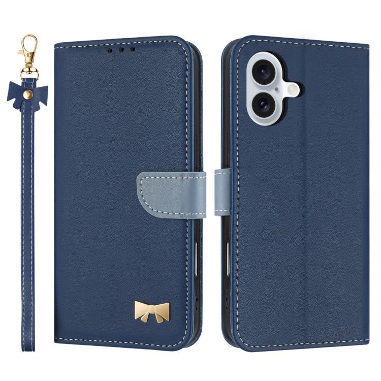 For iPhone 17 Metal Bow Leather Phone Case with Hand Strap(Dark Blue)