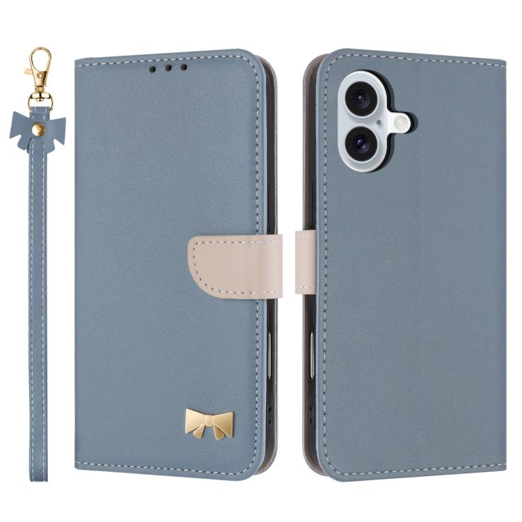 For iPhone 17 Metal Bow Leather Phone Case with Hand Strap(Light Blue)